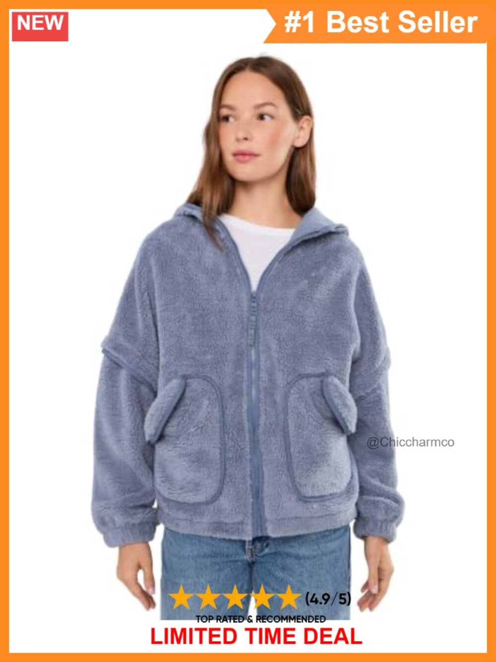 Plush Zip Hooded Fleece Jacket Oversized Fit Long Sleeve Patch Pockets